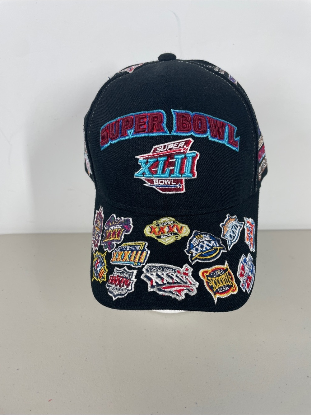 Super Bowl Reebok Wool Blend Black Mens Cap Embroidered Patches Collector Hat